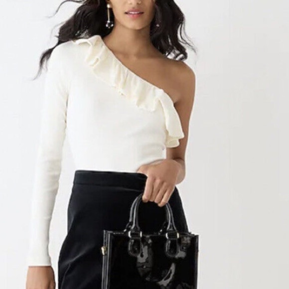 NWT J Crew XL One-shoulder ruffleneck top Cream Ivory Ribbed romantic coquette - Picture 3 of 5